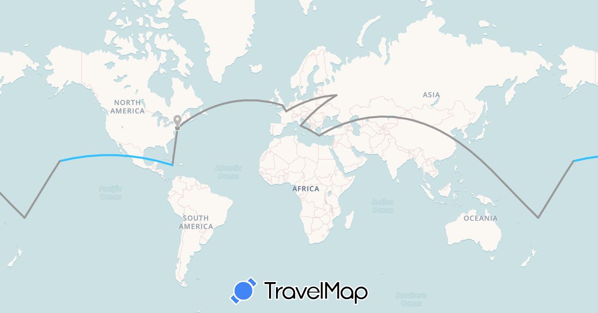 TravelMap itinerary: driving, plane, boat in Fiji, France, United Kingdom, Greece, Italy, Jamaica, Russia, United States (Europe, North America, Oceania)